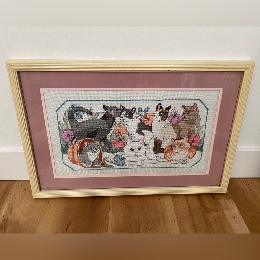 Vintage Framed Cat Cross Stitch Needlepoint Wall Art Handcrafted Floral Cats